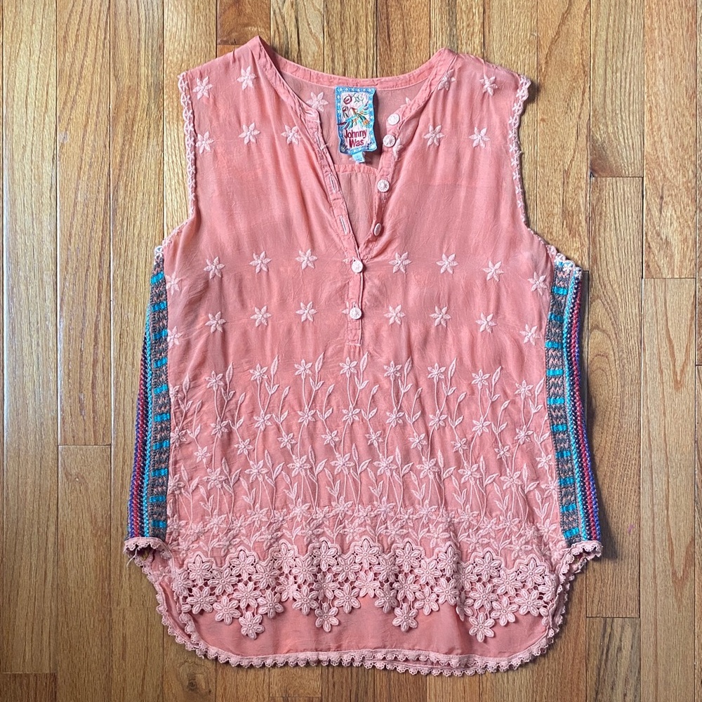Johnny Was Coral Embroidered Blouse